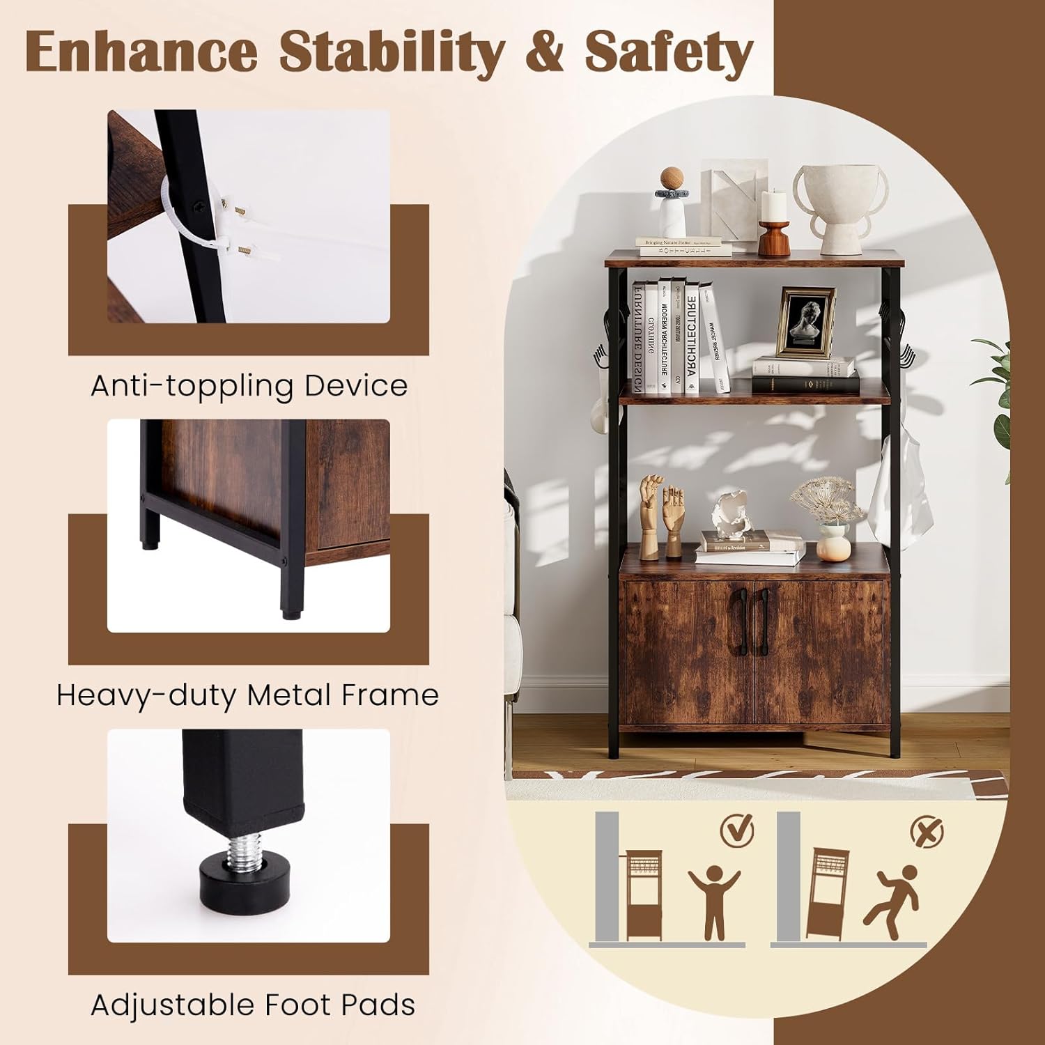 GOFLAME Kitchen Baker's Rack with Cabinet, 3-Tier Pantry Cabinet with 2 Open Shelves, 10 S-Shaped Hooks, Industrial Microwave Oven Stand with Metal Frame, Bookshelf Rack for Living Room, Brown