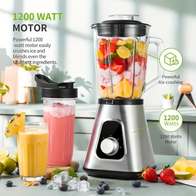 Professional Countertop Blender with Glass Jar, 2 Interchangeable Blades, Variable Speed Control, Silver