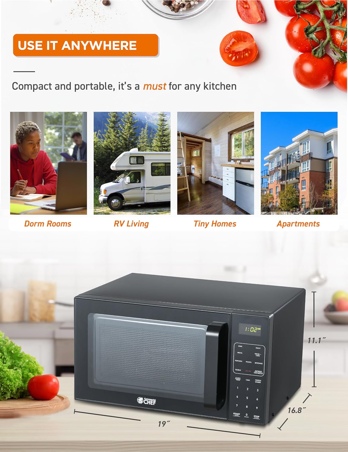 Commercial Chef 5-in-1 Countertop Microwave Air Fryer Combo, 0.9 Cu. Ft. Capacity, Microwave Air Fryer Convection Oven Bake and Roast, 900W, 10 Power Levels