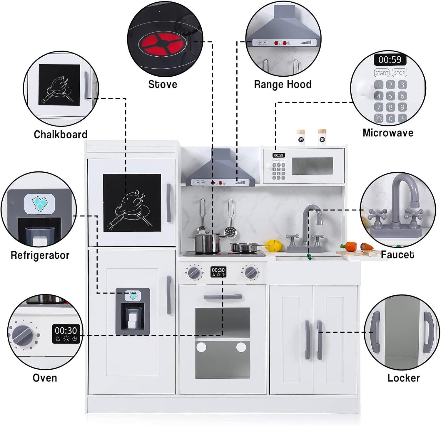 Garvee Wooden Play Kitchen Set, Pretend Play Kitchen with Cookware Accessories, Microwave, Oven, Sink, Real Lights & Sounds for 3+ Chef Pretend Play, White
