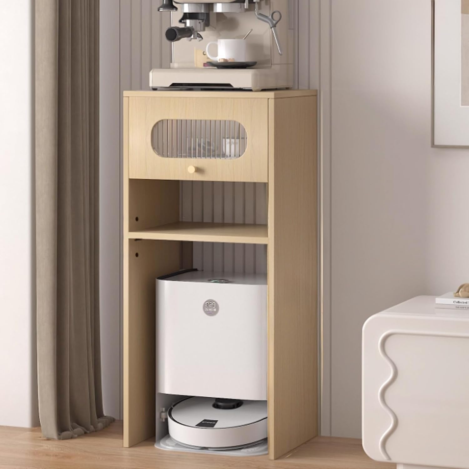 Robot Vacuum Stand Cabinet, Robot Vacuum Hidden Storage Cabinet, Wood Sweeping Robot Storage Rack with Adjustable Shelf, Nightstand, Side Table with Drawer(Natural)
