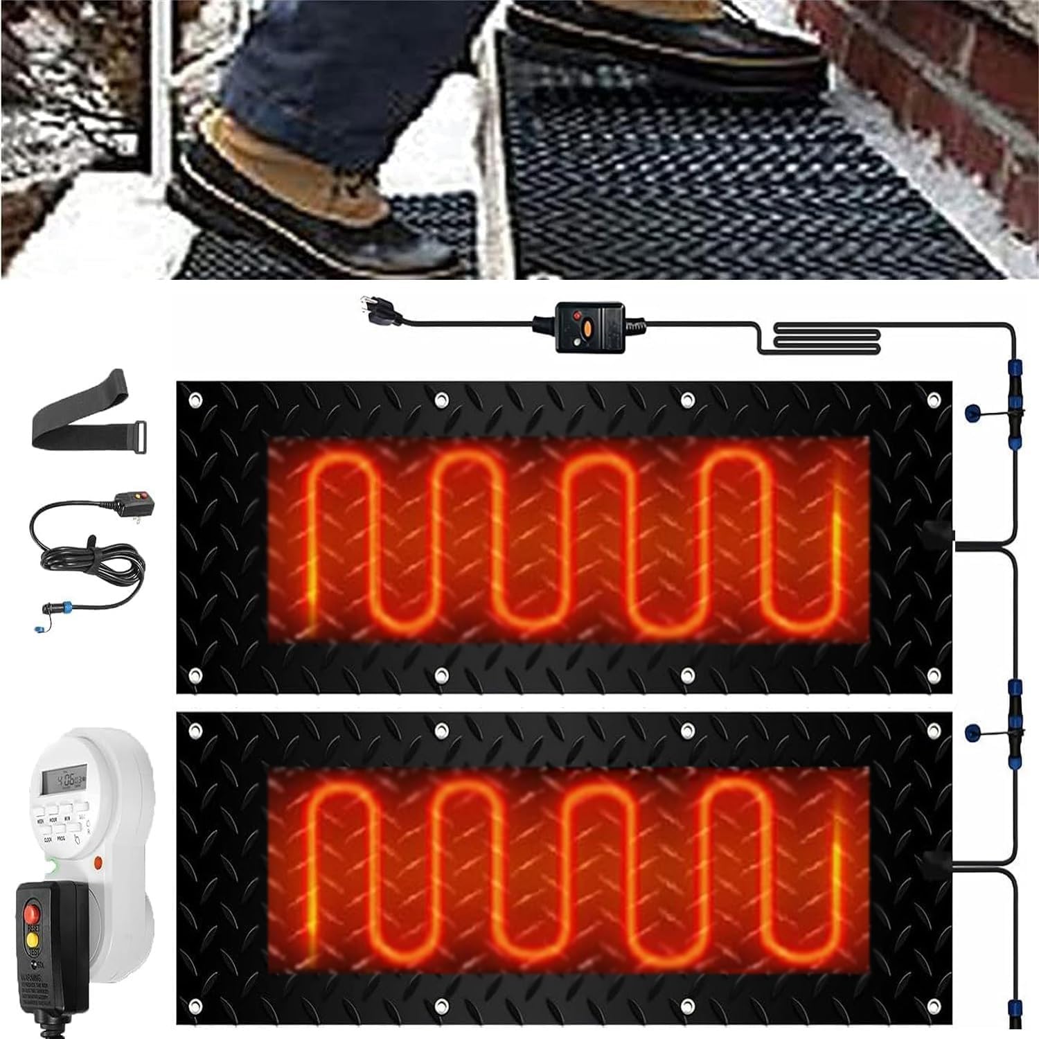 Heated Snow Melting Mats with Timer for Entrances-3/4 Pcs,Heated Snow Melting Mats for Stairs,Heated Outdoor Mats,Now Winter Removal,No-Slip Stair Heating with Time(2 Pcs-10in x 35.4in (25.4x90 cm))