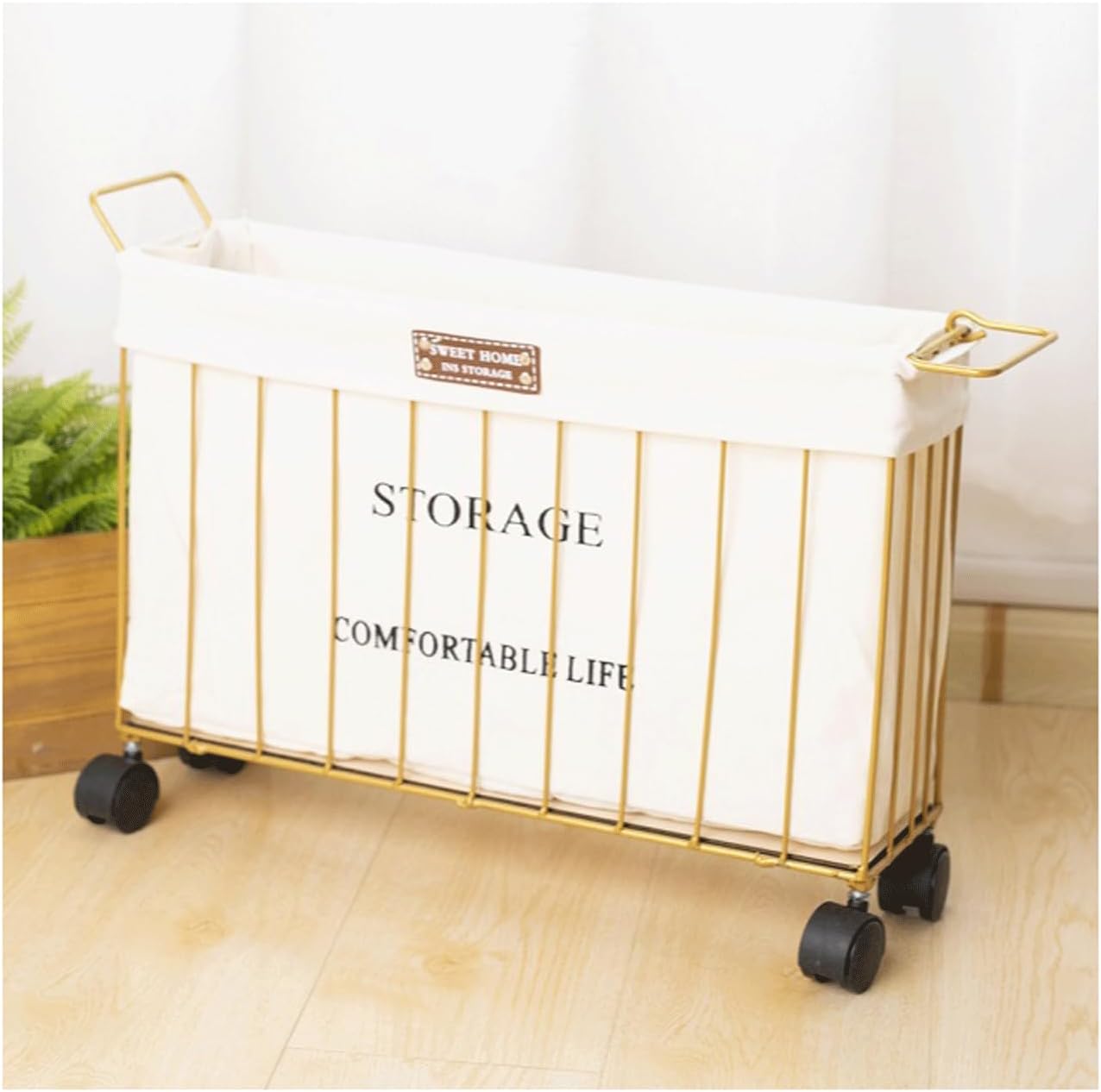 Rolling Laundry Basket, Laundry Basket Iron Wire Laundry Basket w/Rolling Wheels Slim Narrow Laundry Hamper w/Detachable Liner & Handles Space-Saving Dirty Laundry Cart Sorter (GOL