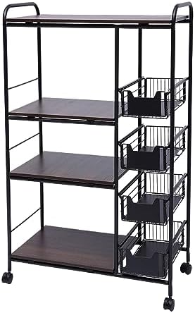 4-Tier Kitchen Standing Bakers Rack, Microwave Oven Stand Rack, Utility Workstation Stand, Kitchen Cart with Storage Basket & Wheels, Kitchen Organizer Shelf for Spices/Utensils Foods, Vintage Brown