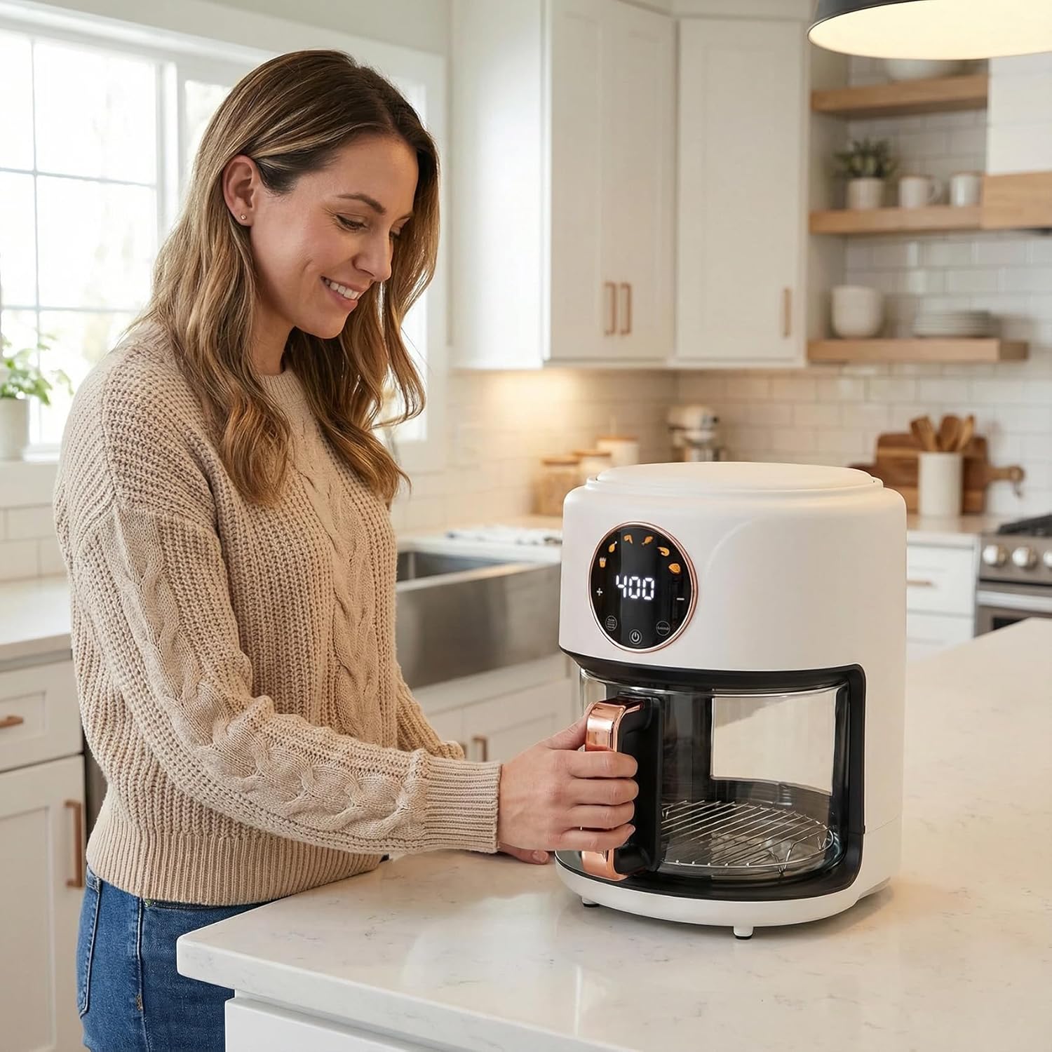 4.7QT Glass Air Fryer, 360° Viewable Glass Air Fryer Non Toxic, 6-IN-1 Preset Cook Modes, Digital Display, Adjustable Temp 100F - 400F, Nonstick, Dishwasher Safe, White