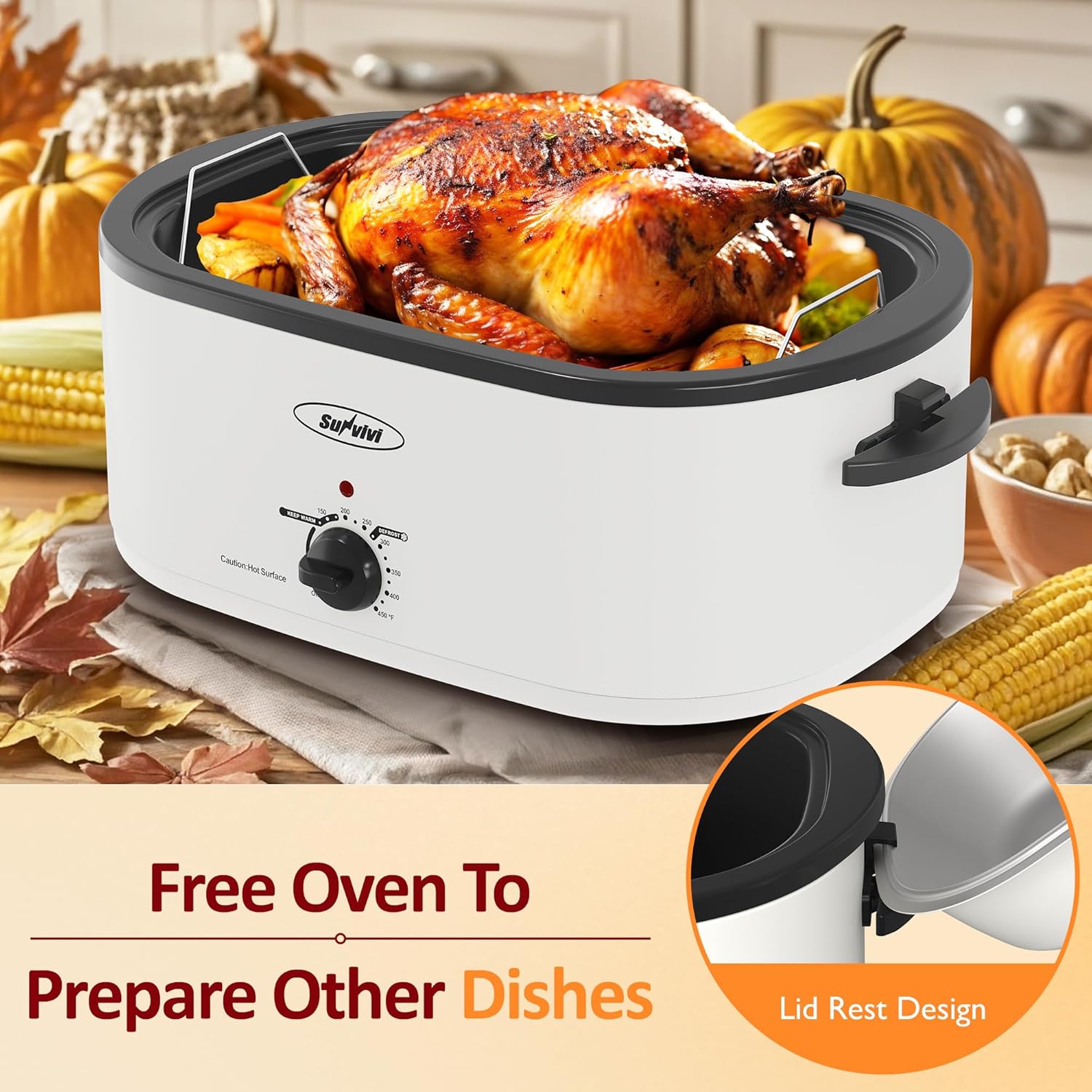 Sunvivi 24 Quart Electric Roaster Oven with Visible Self-Basting Lid, Turkey Roaster Oven with Removable Pan and Rack, Perfect for Large Meals and Holiday Feasts, White