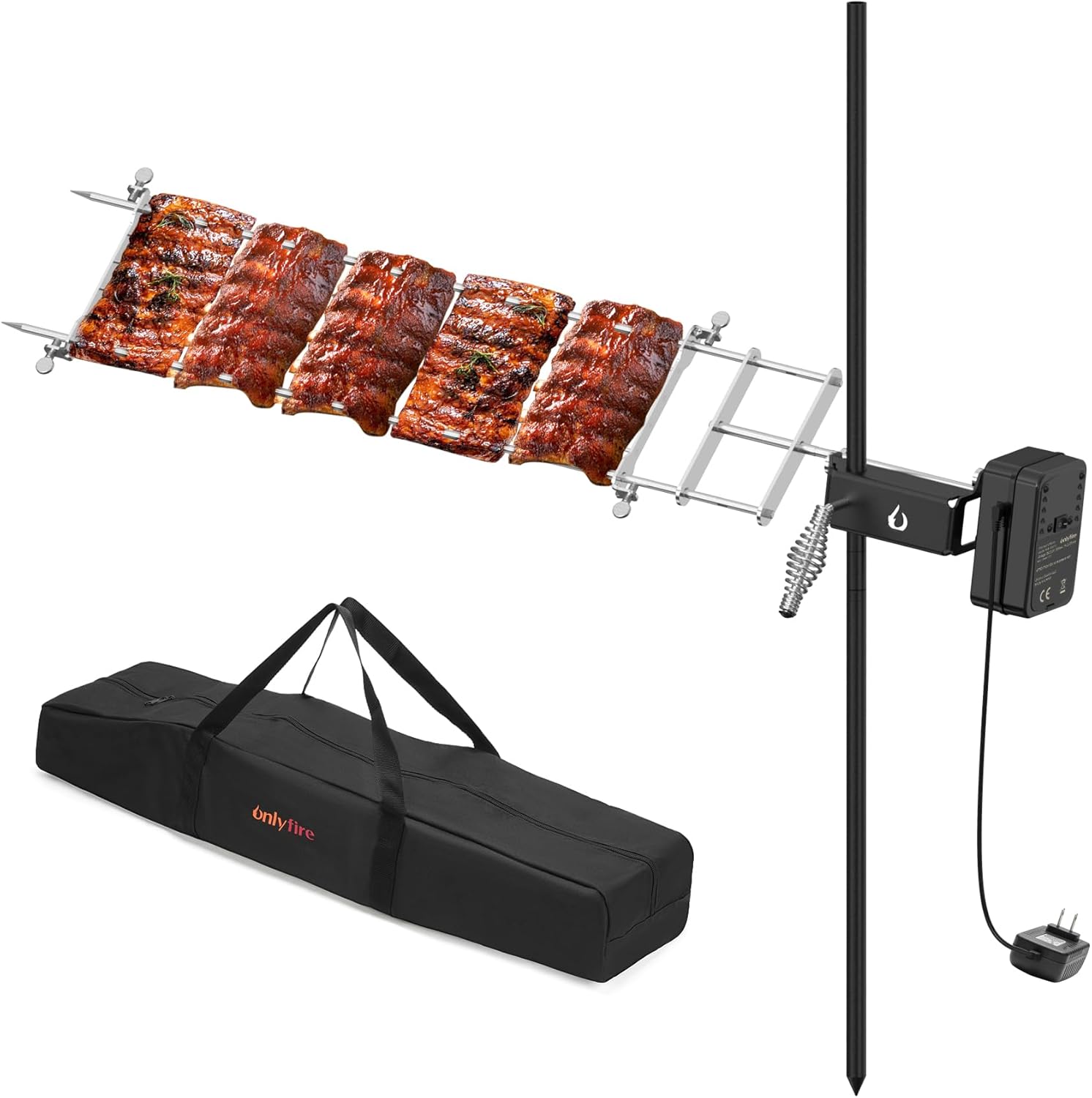 onlyfire Rotisserie Grill Kit Adjustable Spit Roaster with Cordless Motor for Outdoor Camping, Fire Pits, Campfires, Charcoal and Gas Grills - Include Power Adapter and Carrying Bag