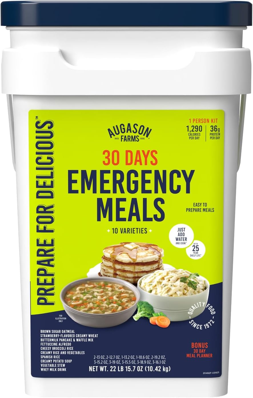 Augason Farms 30 Day Emergency Food Supply Kit, Dehydrated Meal Survival Food Bucket for 1 Person - 194 Servings