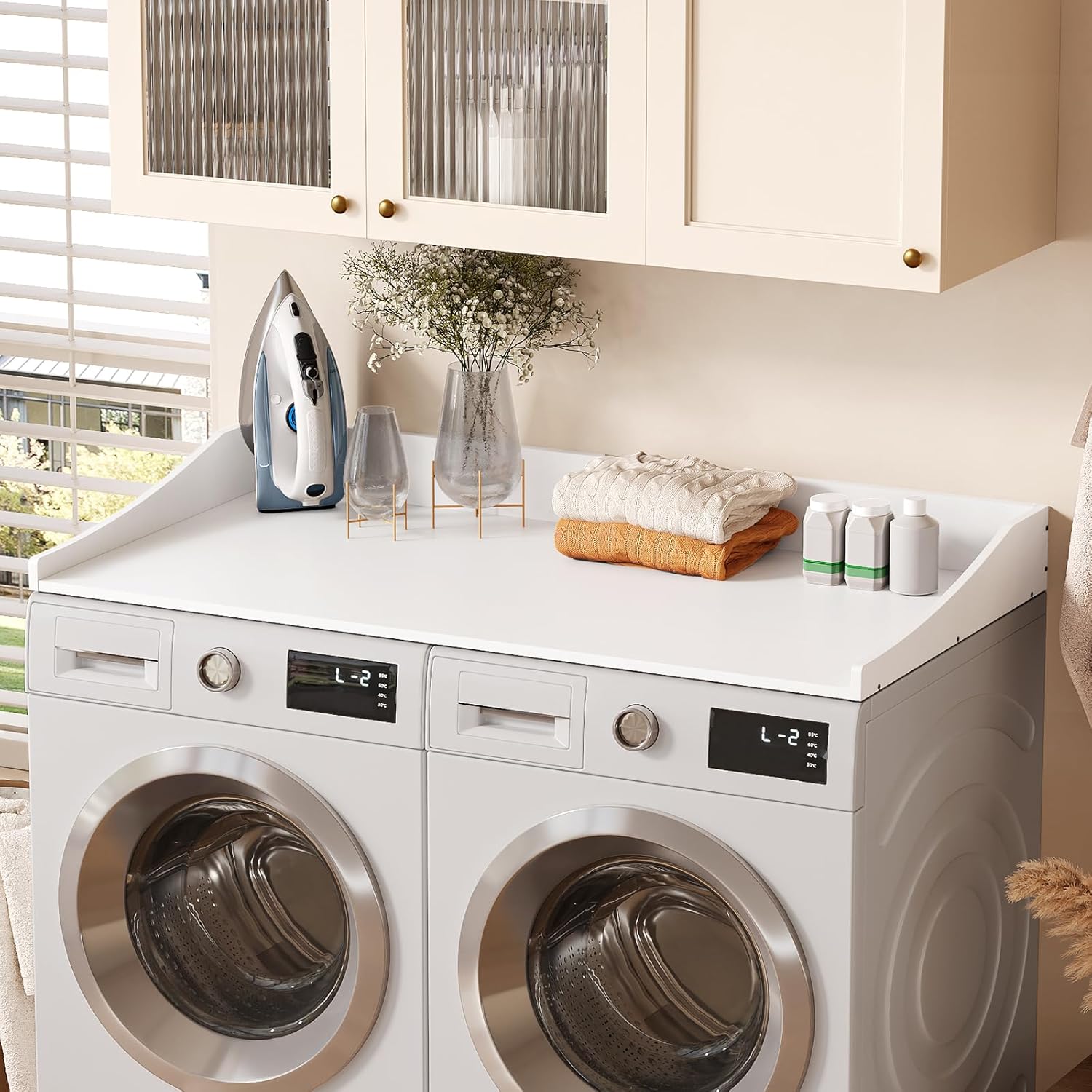 54'' Washer Dryer Countertop, Laundry Room Organization Washer and Dryer Combo Countertop Organizer with Non-Slip Mat, White