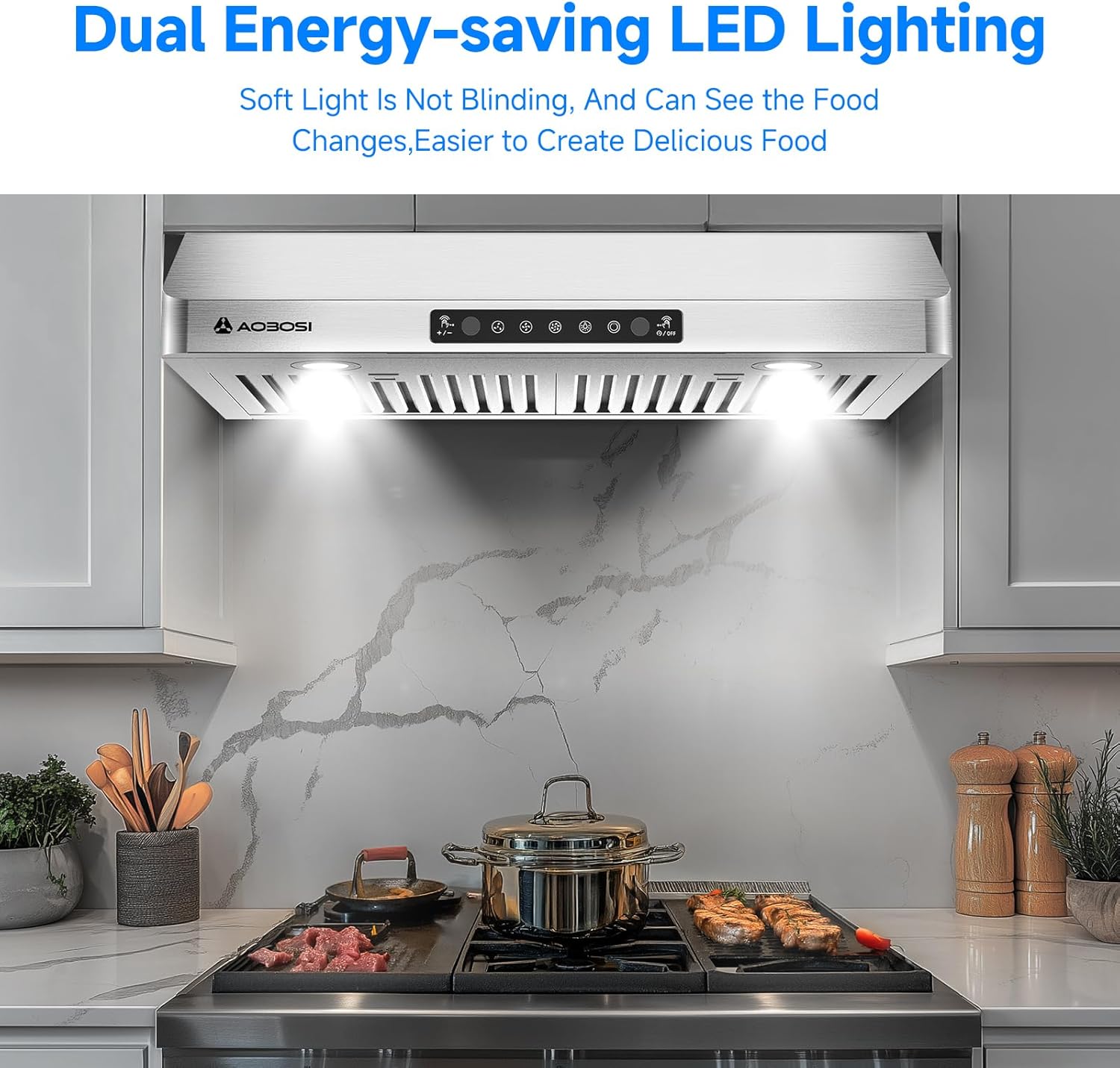 AAOBOSI Range Hood 30 inch Under Cabinet,700-CFM Gesture Sensing/Touch Control/Motor Upgrade Low Noise,3 Speed Range Hood with LED Lights Exhaust Fan, Stainless Steel Kitchen Vent Hood