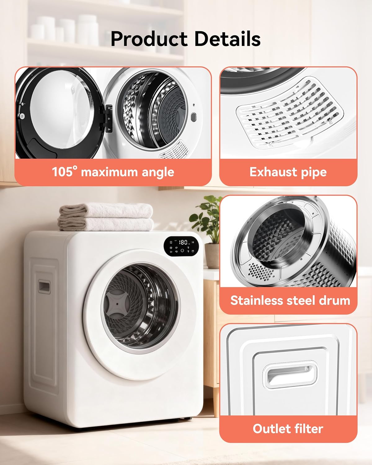 Euhomy 1.5 Cu.Ft Portable Clothes Dryer, 850W Clothes Dryer with Stainless Steel Drum, 4 Functions, LED Control, Drying Machine for Apartments, Laundry, Dorm, Small Space, White