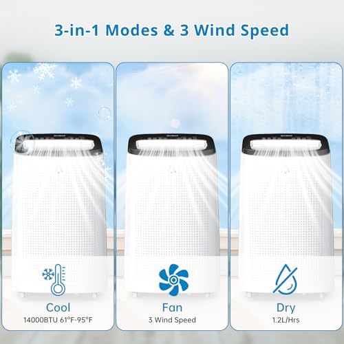 14000 BTU Portable Air Conditioner, 700 Sq Ft Coverage, 3-In-1 Cooling, Fan, Dehumidifier, 50 DB Quiet, Remote & 24-Hour Timer, for Bedroom, Office, Living Room