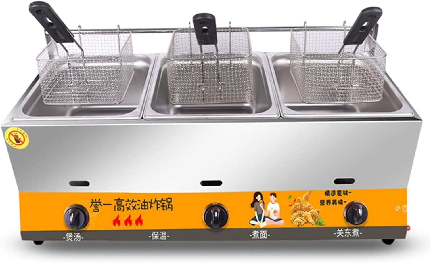 Large Propane Gas Fryer with Basket - Stainless Steel Outdoor Fryer with Lid for Kitchen, Restaurant & Fast Food - Three Cylinder Frying Basket for Perfect Crispy Fried Food