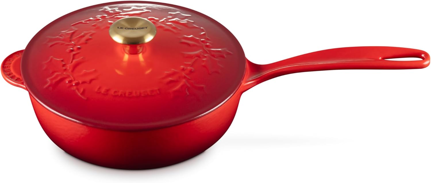 Le Creuset Enameled Cast Iron Holly Collection Saucier, 2.25 qt., Cerise with Gold Knob