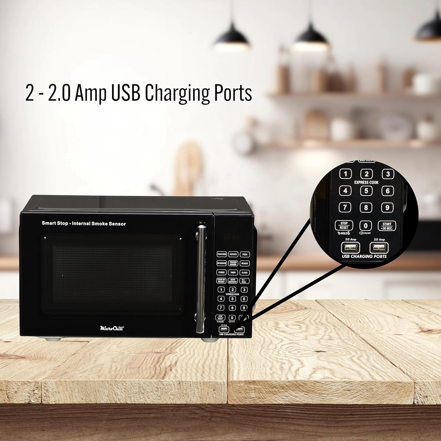USB Microwave with Smoke Sensor, 2 USB Ports, Door Lock, 6 Cook Settings, Mute Function, Express Cook, +30 Seconds Function, Auto Defrost, Timer, Eco Mode, Easy Clean Dark Grey Interior.