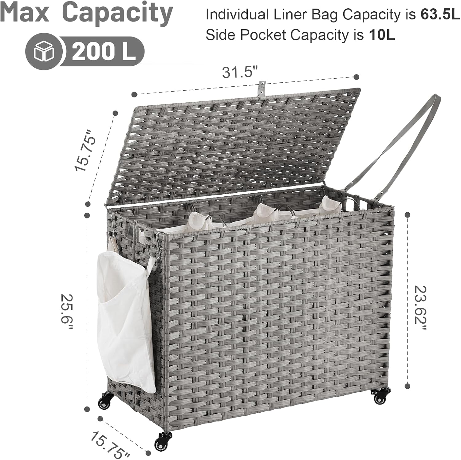 Laundry Hamper with Wheels, 52.8 Gallon(200L) Rolling Laundry Basket with Lid, 3-Section Rattan Clothes Hamper with 3 Removable Liner & 3 Mesh Bags, Laundry Sorter with Side Pocket, Grey