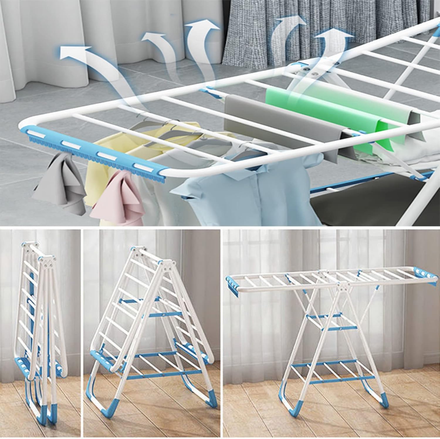 Outdoor Drying Rack Clothing Foldable, Clothes Drying Rack, Collapsible Laundry Rack with Hanging Rods, Shoe Hangers, Adjustable Wing and Foldable Design (1.5m)