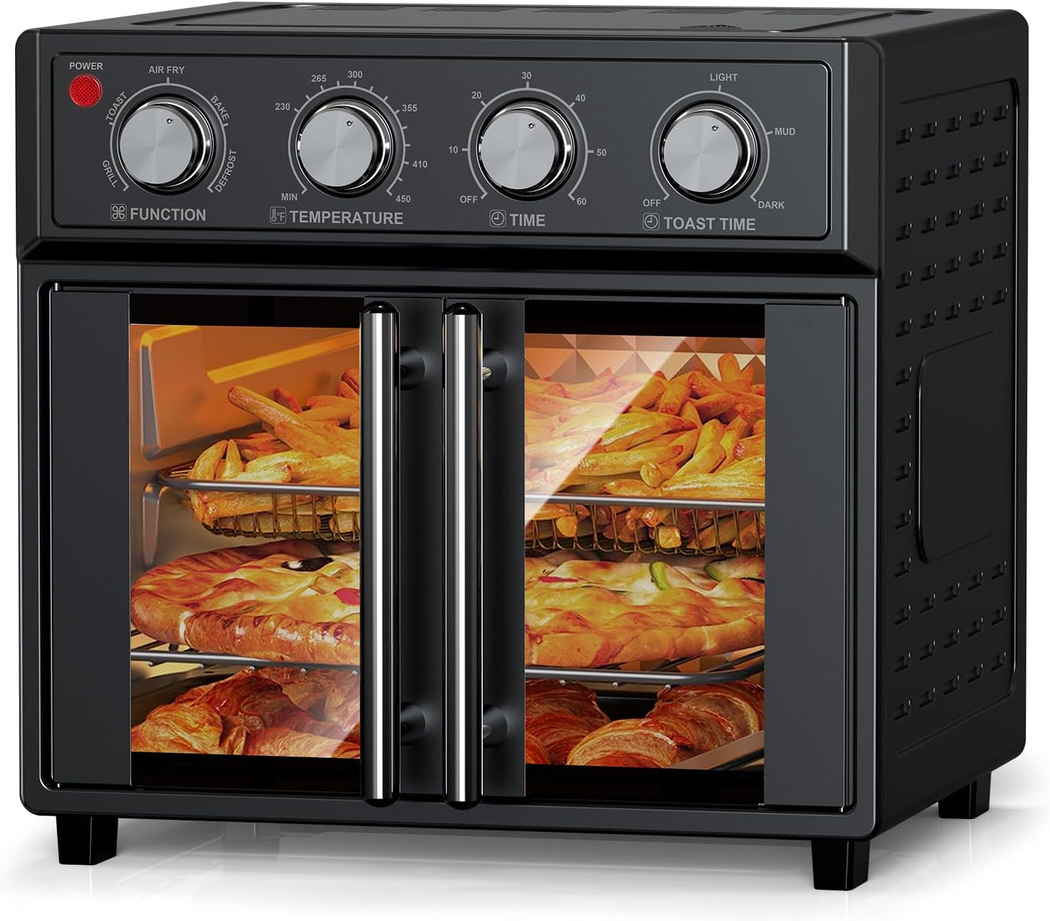 PlumChef 29.5QT Large capacity French Double-Door Air Fryer Convection Toaster Oven,1700W, 7 Preset Menus, 7-in-1 Multi-Function for Bake, Roast, Grill, Toast, Dehydrate& Defrost,Stainless Steel,Black