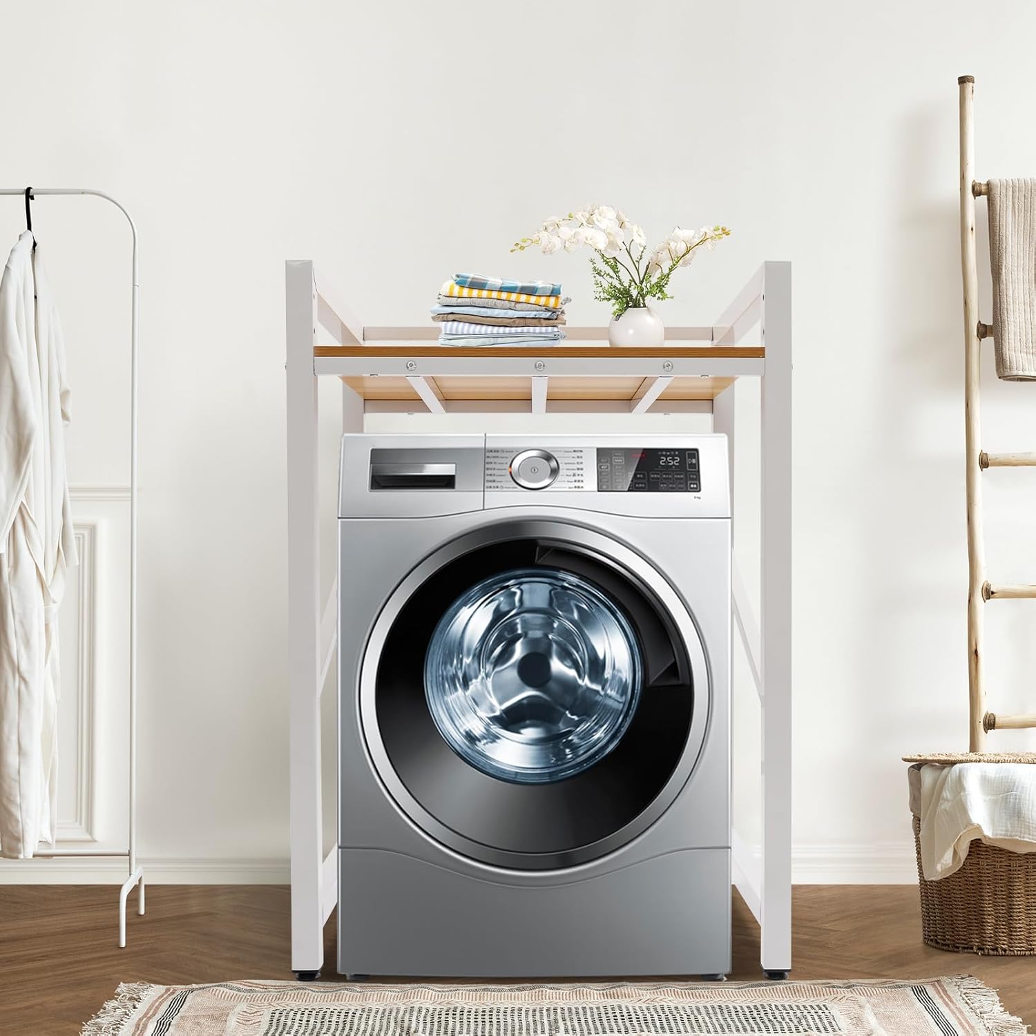 Washer Dryer Stacking Rack Stand - Heavy Duty 661LB Adjustable Shelf Unit, 3-Height Laundry Organizer with Storage for Appliances Space Saving Solution (White+Yellow)