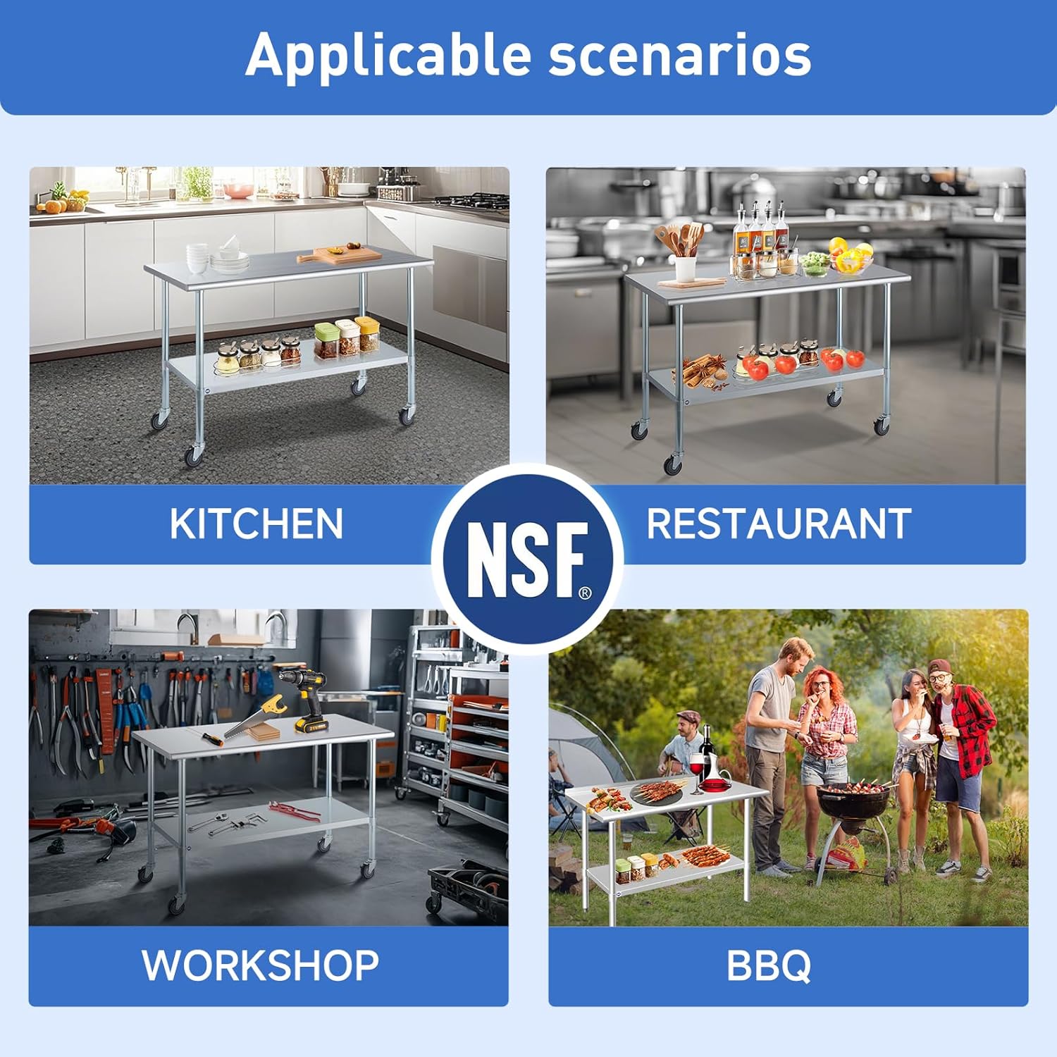 ROCKPOINT Stainless Steel Table for Prep & Work 24x48 Inches, NSF Metal Commercial Kitchen Heavy Duty Table with Adjustable Under Shelf and Table Foot for Restaurant, Home and Hotel