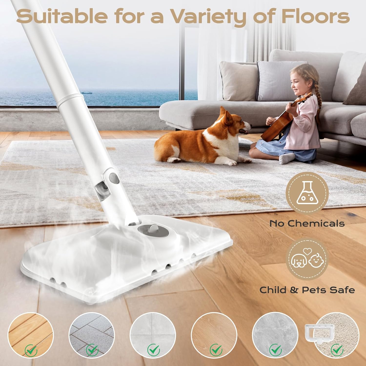 Steam Mop All-in-one for Floor Cleaning, MultiPurpose Steam Cleaner for Home with 13 Accessories, Detachable Handheld Floor Steamer with Scent Container and strap for Hardwood,Tiles & Carpet（White）