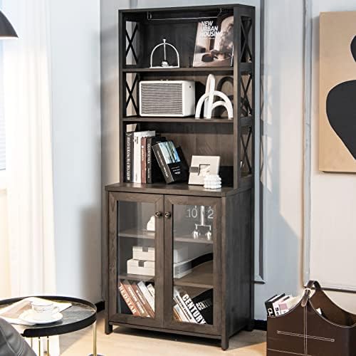 LOKO Kitchen Pantry Storage Cabinet, Farmhouse Buffet Hutch with Stemware Rack, Microwave Countertop & Tempered Glass Doors, 67.5