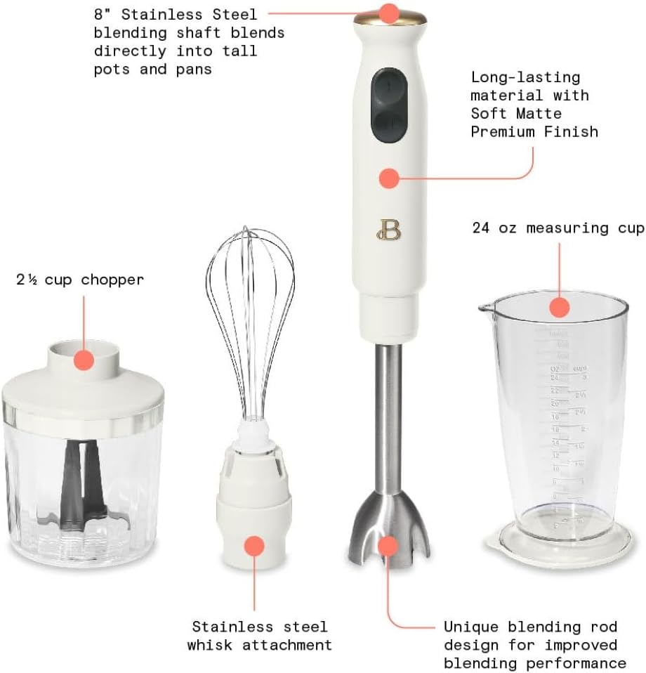 B'eautiful 2-Speed Immersion Blender with Chopper & Measuring Cup, White Icing by Drew Barrymore