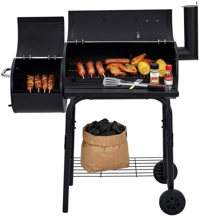 GarveeLife BBQ Charcoal Grill, Outdoor Barrel Grills with Offset Smoker, Patio Barbecure Grill and Smoker Combo with Wheels and Handle, for Garden Backyard Party Camping Picnic, Black
