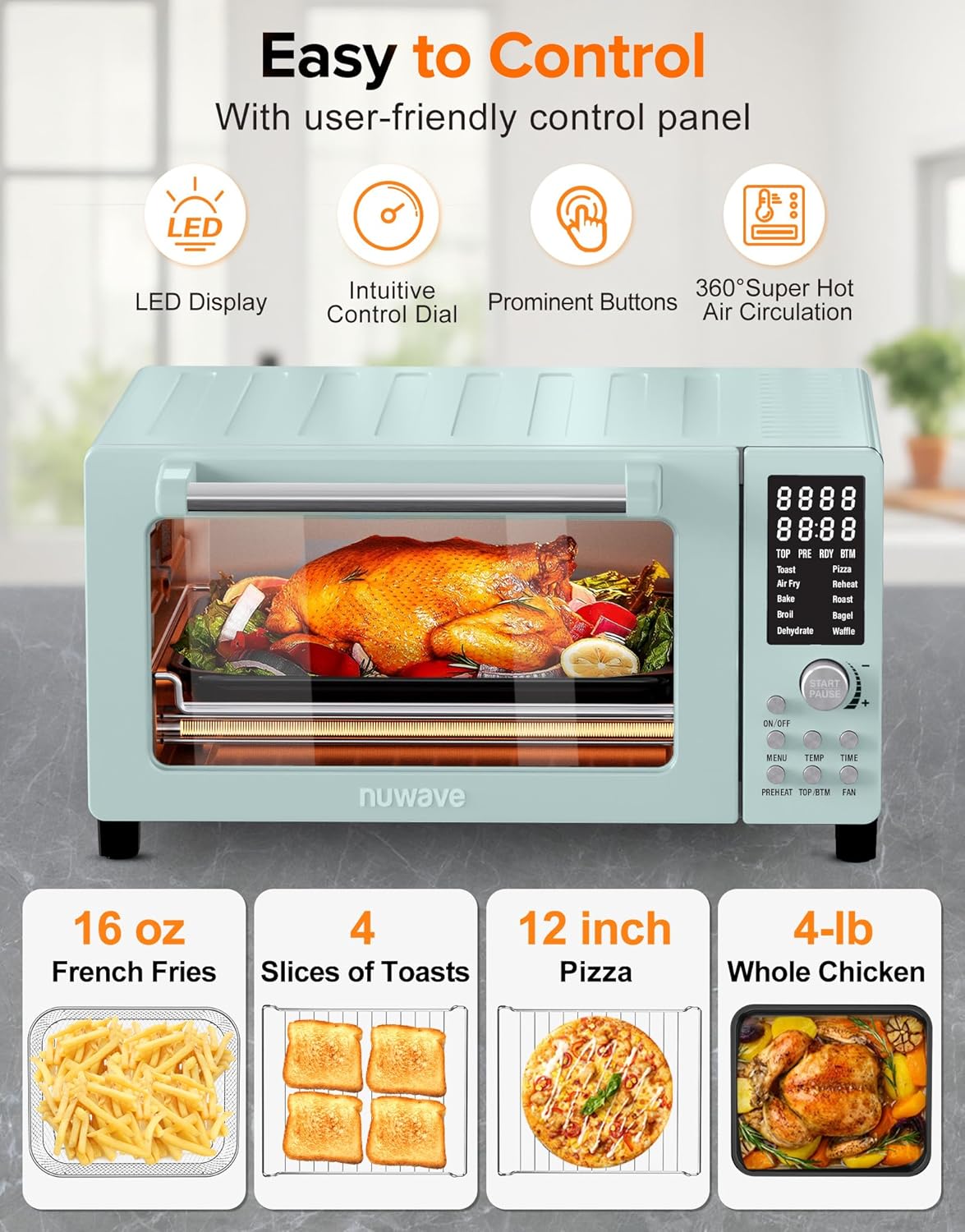 Nuwave Bravo Pro Smart Air Fryer Toaster Oven Combo, Airfryer Convection Oven Countertop, 10-in-1 Functions with Quicker & Even Crisp Technology, 1800W, 50-450°F, PFAS-Free, 21QT, Mint