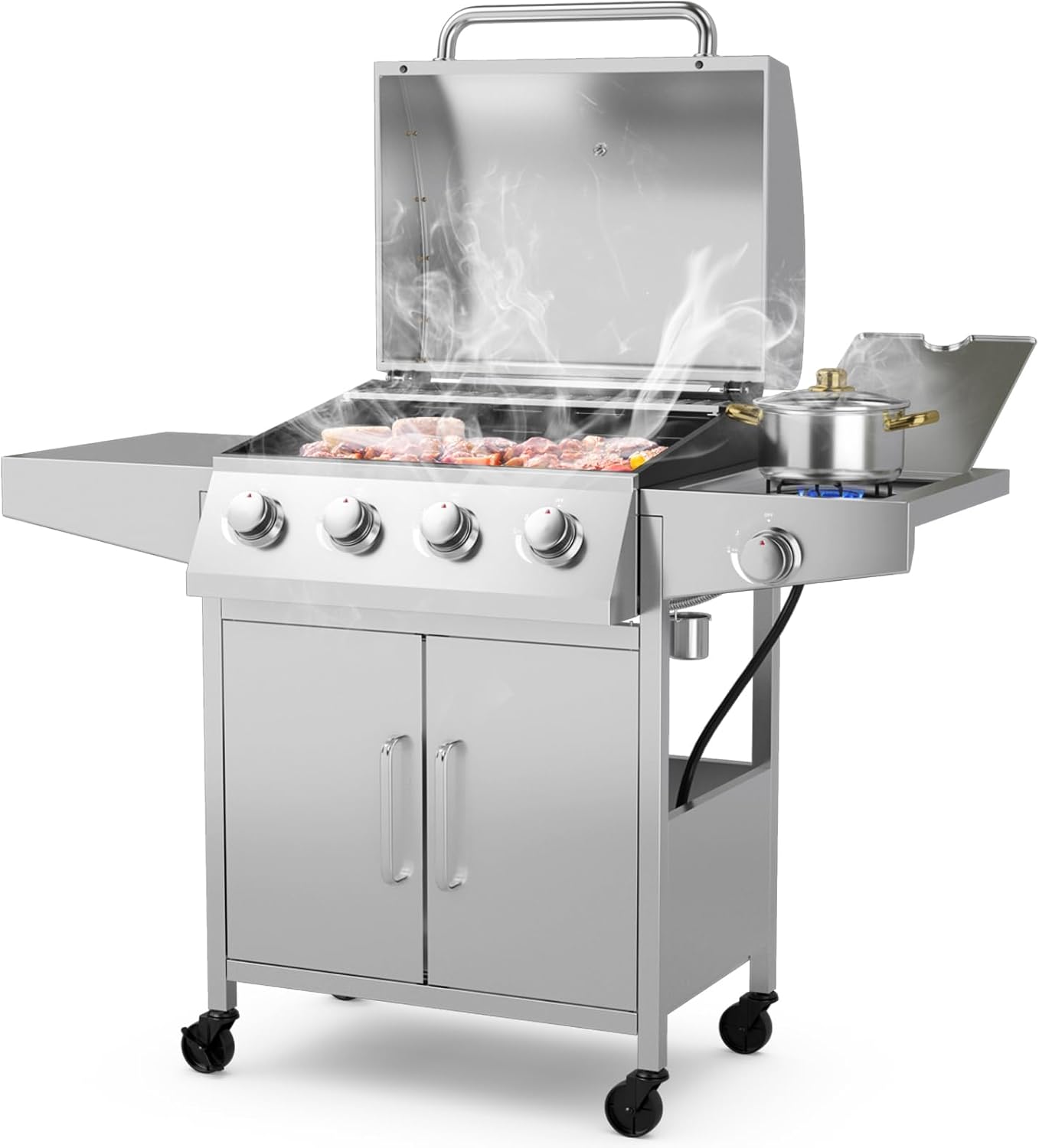 Giantex 4-Burner Propane Gas Grill with Side Burner, Stainless Steel Outdoor BBQ Grill, 50,000 BTU, 460 sq.in Cooking Area, 2 Prep Tables, Thermometer, Storage Cabinet & Wheels