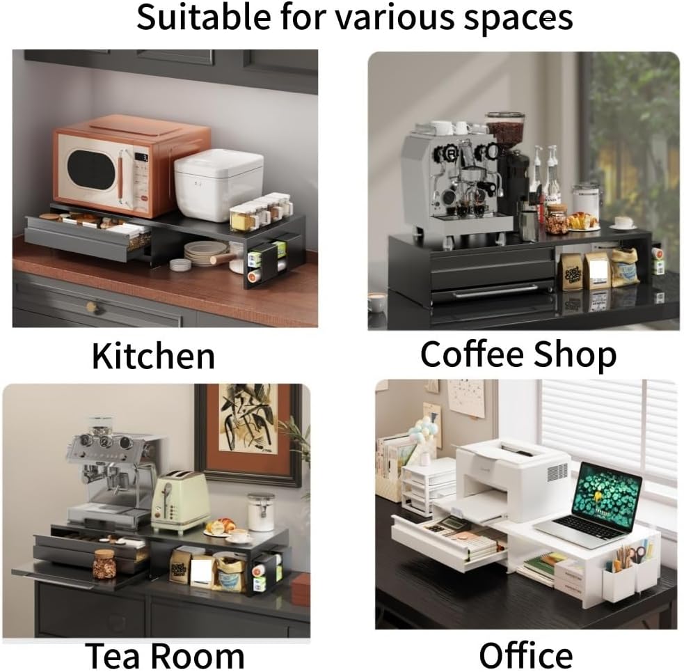 Expandable Microwave Stand with Drawer, 2-Tier Kitchen Countertop Organizer for Microwave Oven, Coffee Station, Pantry Storage(Black)