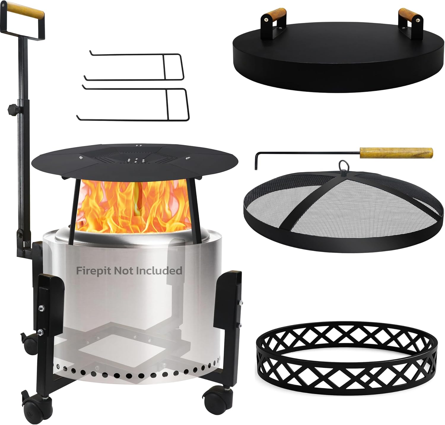 FEBTECH Spark Screen, Heat Deflector, Firepit Lid, Trolley Stand and Base Ring Combo - Compatible with Solostove Bonfire and Other 19.5