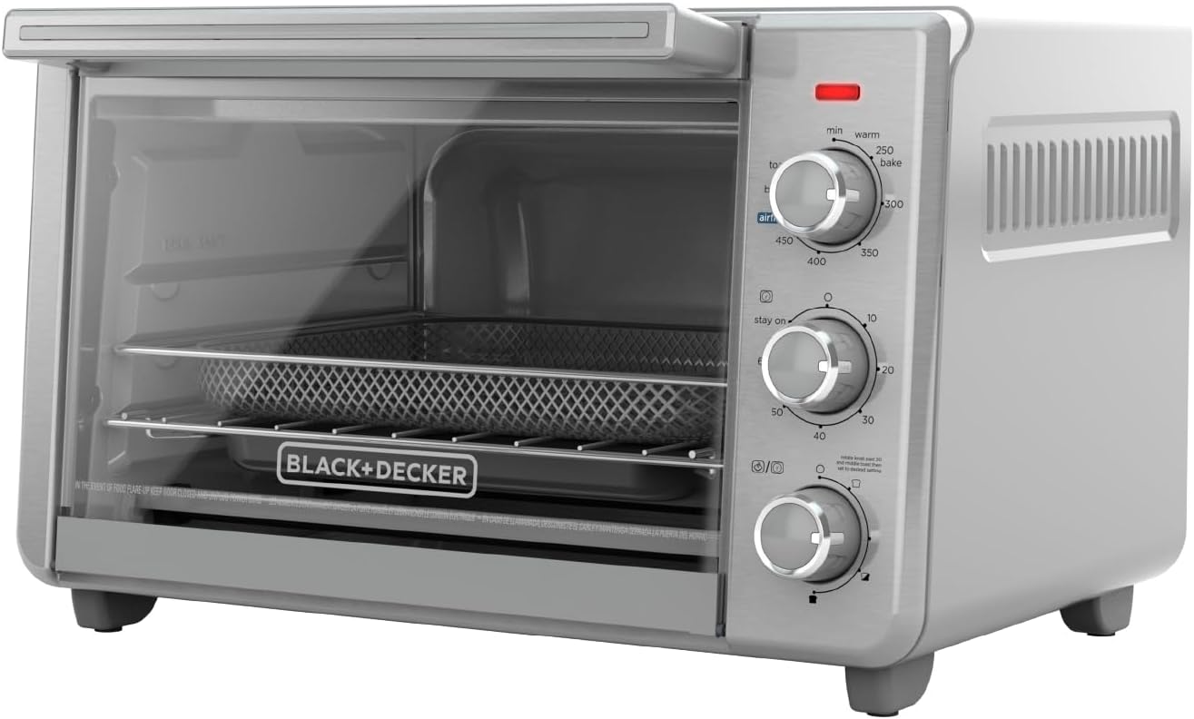 BLACK+DECKER Crisp 'N Bake Air Fryer Countertop Convection Toaster Oven, Large Capacity, 6-Slice, 5-in-1, Fits 12” Pizza, 60-Min Timer, Bake, Broil, Air Fry, Toast, Keep Warm, Stainless Steel