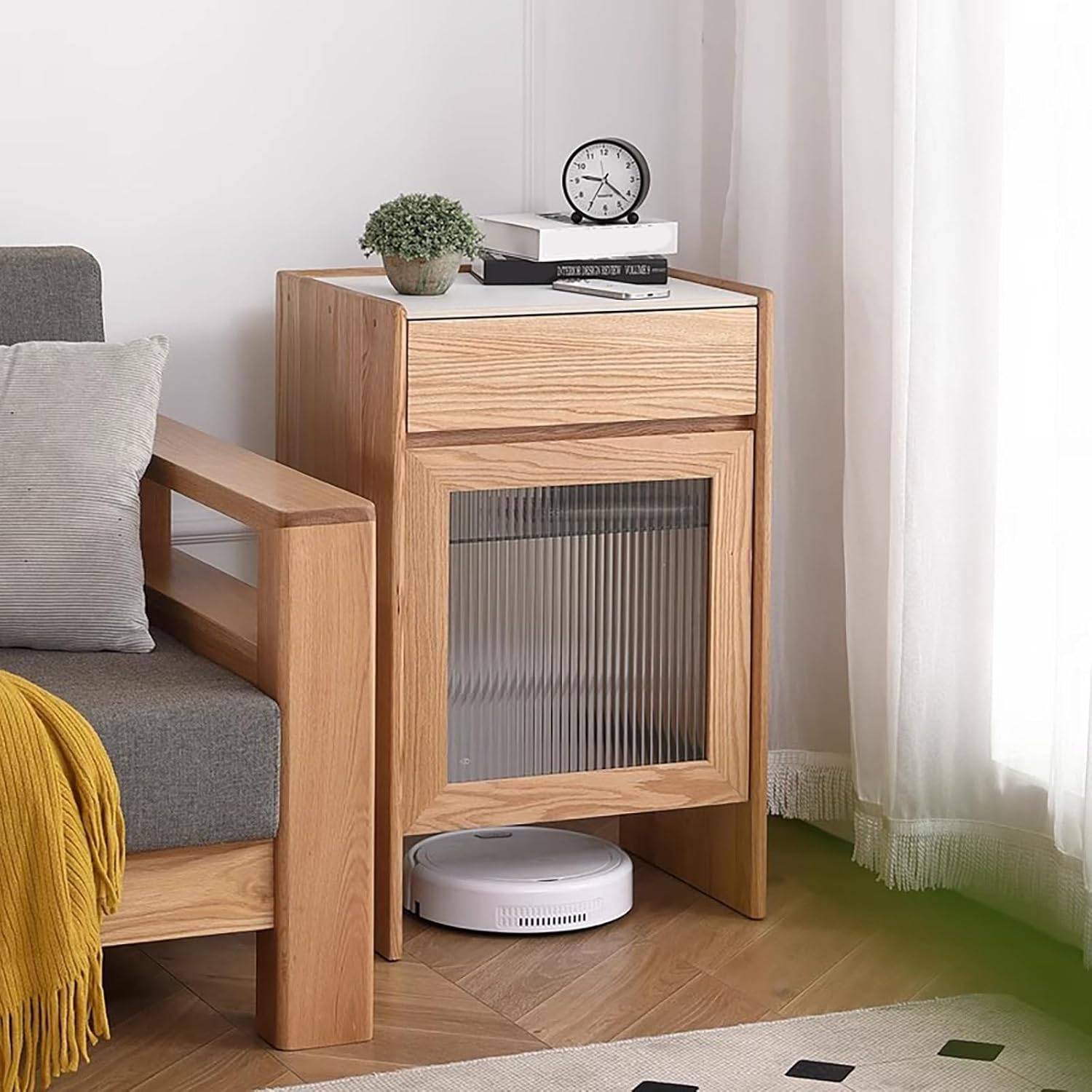 Smart Mobile Robot Vacuum Storage Cabinet Side Table, Multi-Tier Hidden Storage Rack for Living Room & Kitchen, Yellow Floor Sweeper Organizer