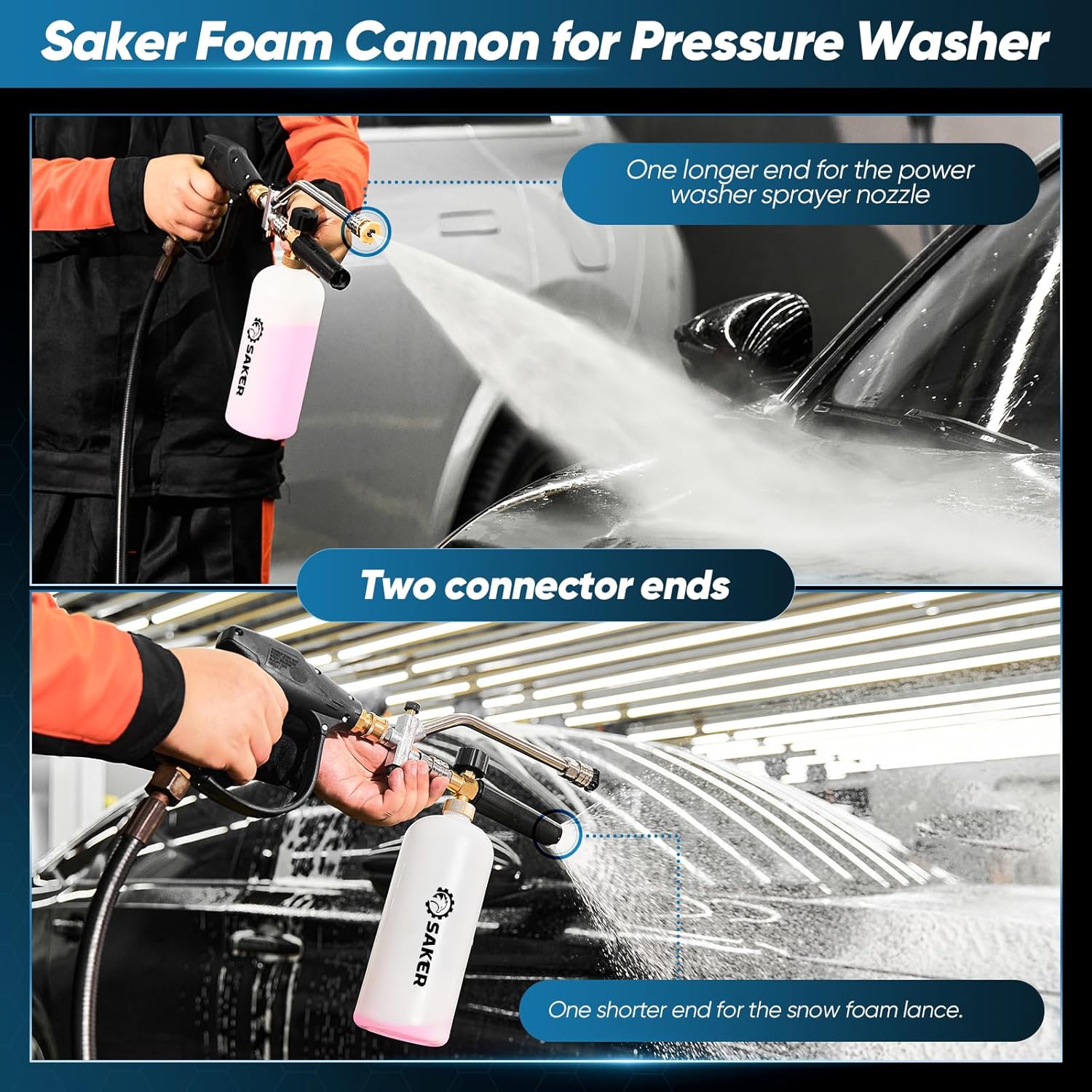Saker Portable Car Vacuum Cordless 20000Pa Foam Cannon Dual Connector Accessory for Pressure Washer Kit