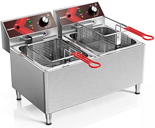 EGGKITPO Deep fryers Commercial Deep Fryer 12L x 2 Large Dual Tank Electric Countertop Fryer for Restaurant with 2 Frying Baskets and Lids, 1800W x 2, 120V