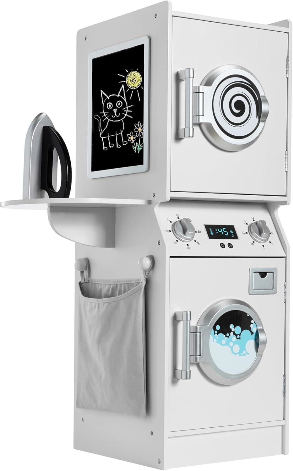 Best Choice Products Pretend Play Kids Wooden Stacked Washer & Dryer Set with Toy Laundry Storage, Space-Saving Design, with Accessories - White