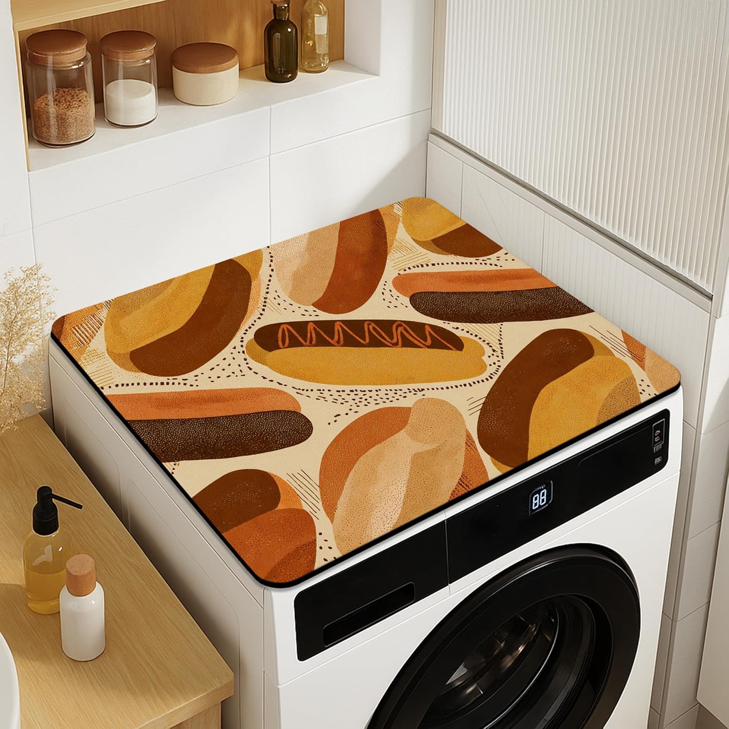 Retro Hot Dog Washer Dryer Top Protector Mat, Vintage Bakery Style Anti-slip Waterproof Washing Machine Dust Covers for Laundry Room 20x24 Inch