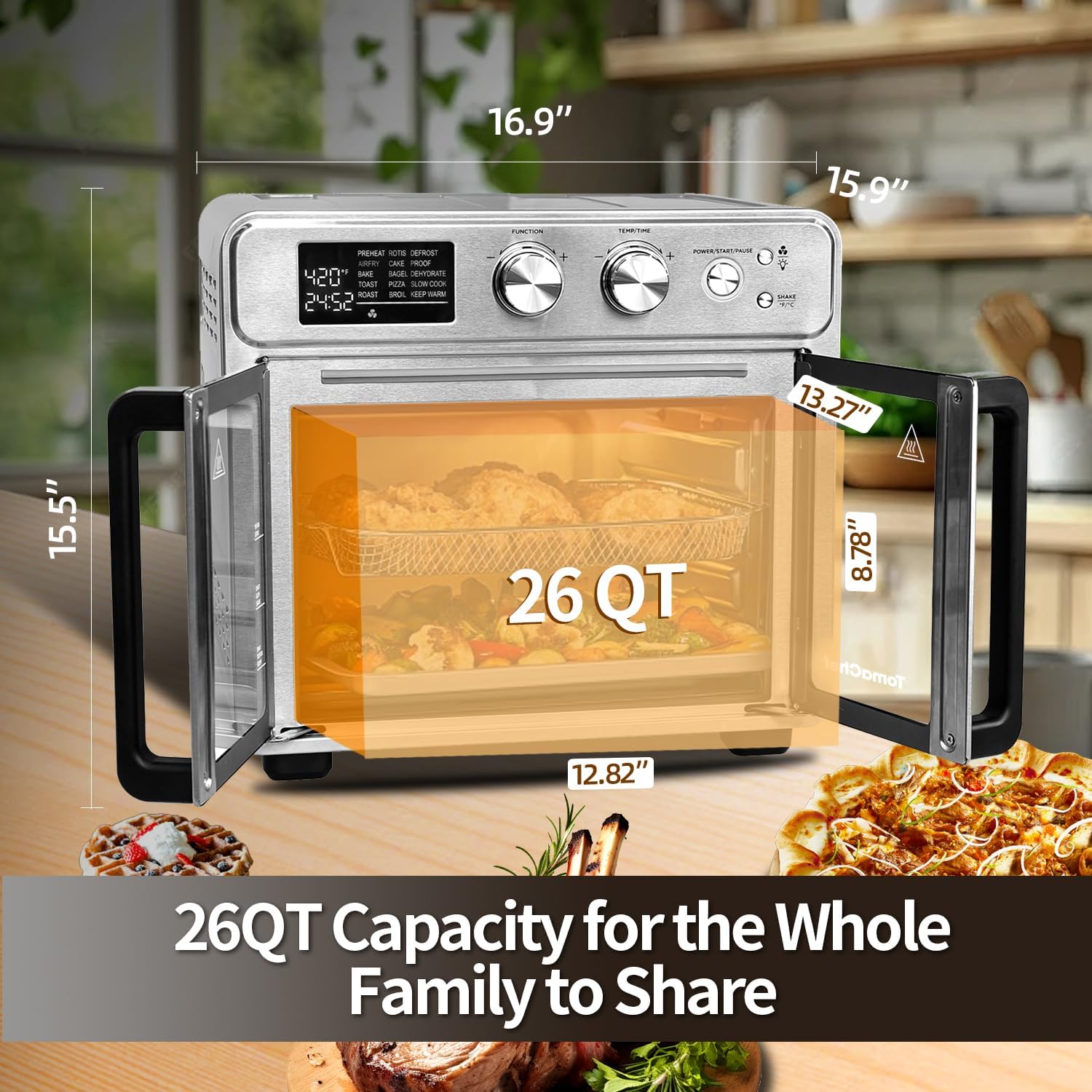 26QT French Door Air Fryer Toaster Oven Combo, 15 Cooking Functions including Rotisserie, and Digital Controls, 30 Recipes & 5 Accessories, Stainless Steel Finish