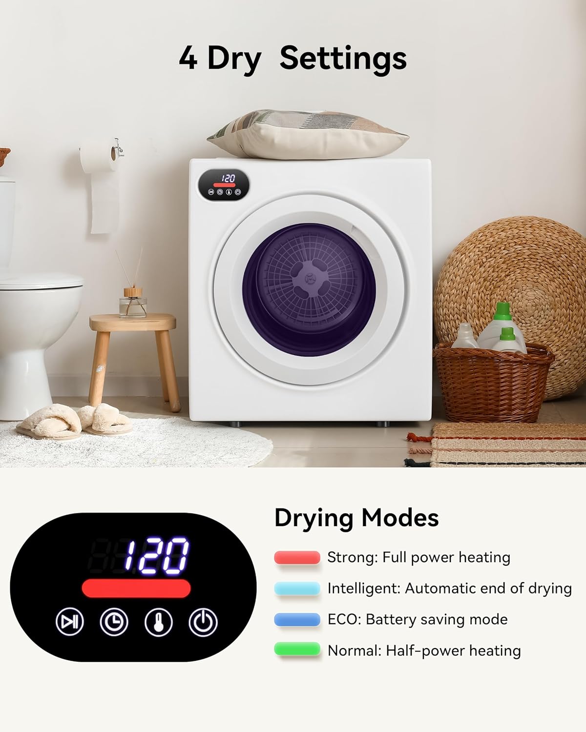 2.65 Cu.Ft Portable Dryer, 1400W Clothes Dryer with Stainless Steel Tub, LCD Touch Panel, Dryer Machine with 4-Mode for Home, Dorm, RVs