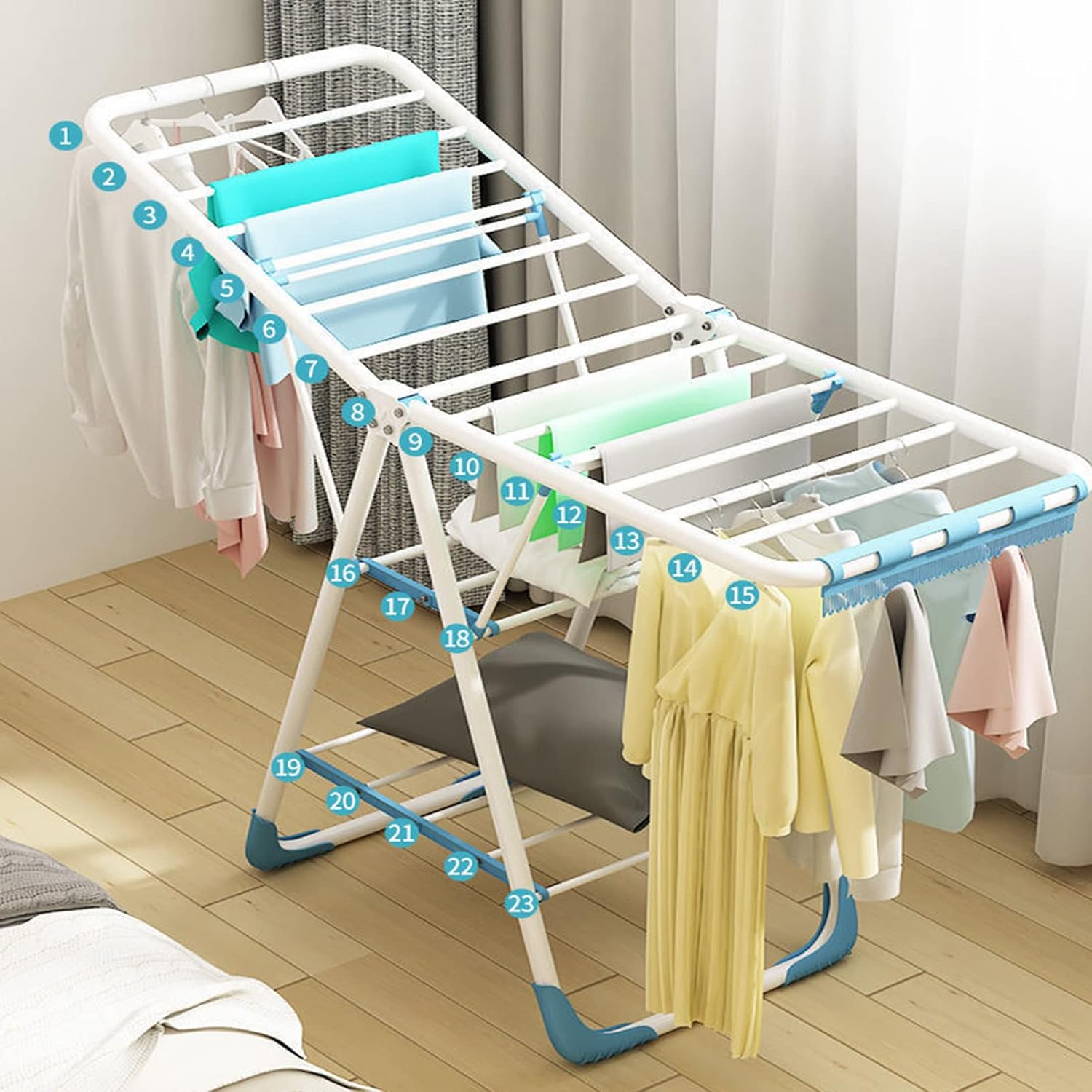 Outdoor Drying Rack Clothing Foldable, Clothes Drying Rack, Collapsible Laundry Rack with Hanging Rods, Shoe Hangers, Adjustable Wing and Foldable Design (1.5m)