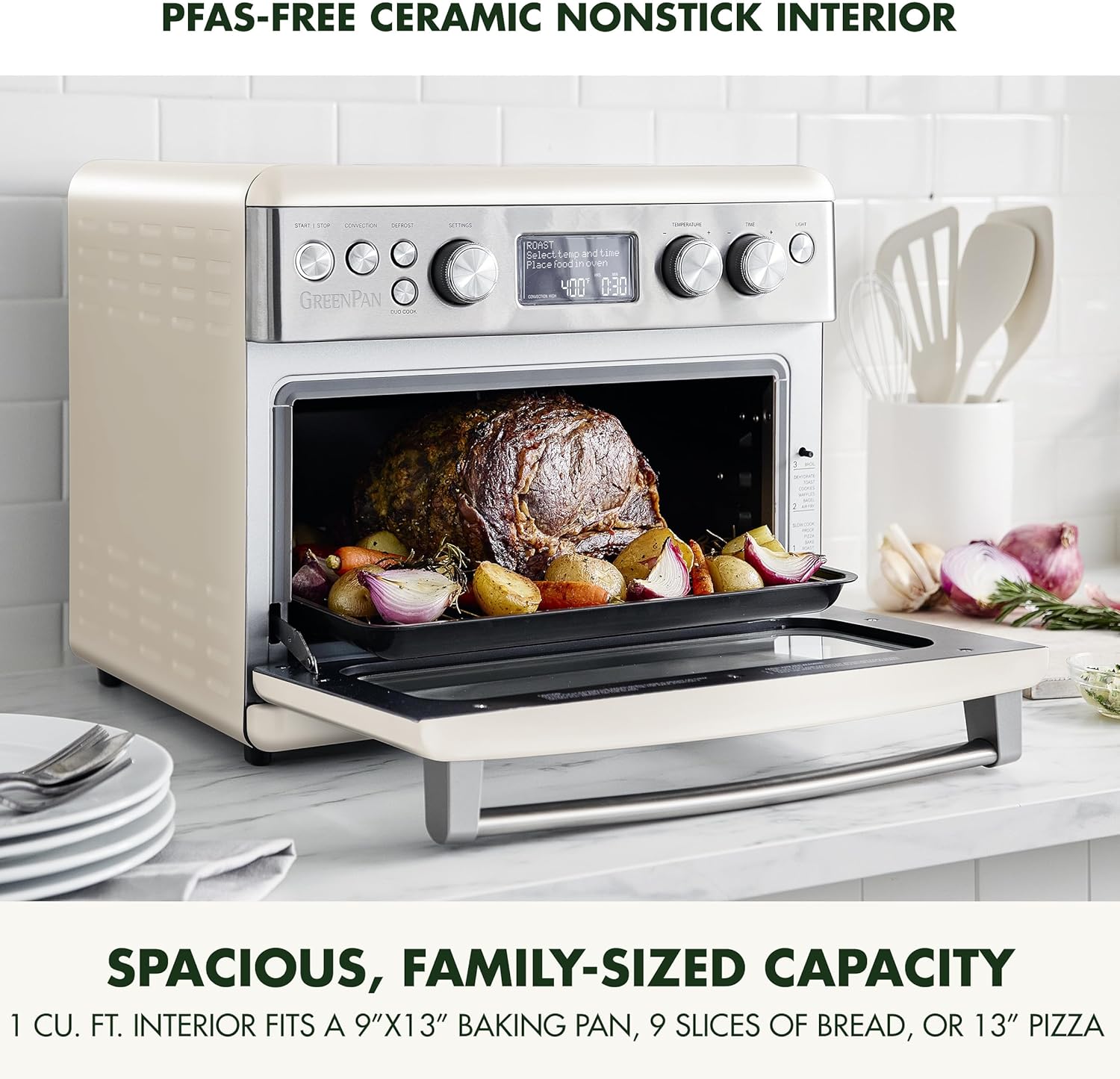 GreenPan 13-in-1 Elite Countertop Convection Oven & Air Fryer, PFAS-Free Ceramic Tray & Pizza Pan, Adjustable Racks, Multifunction Presets, Toaster, Bake, Broil, Roast, Proof, Dehydrate, Cloud Cream