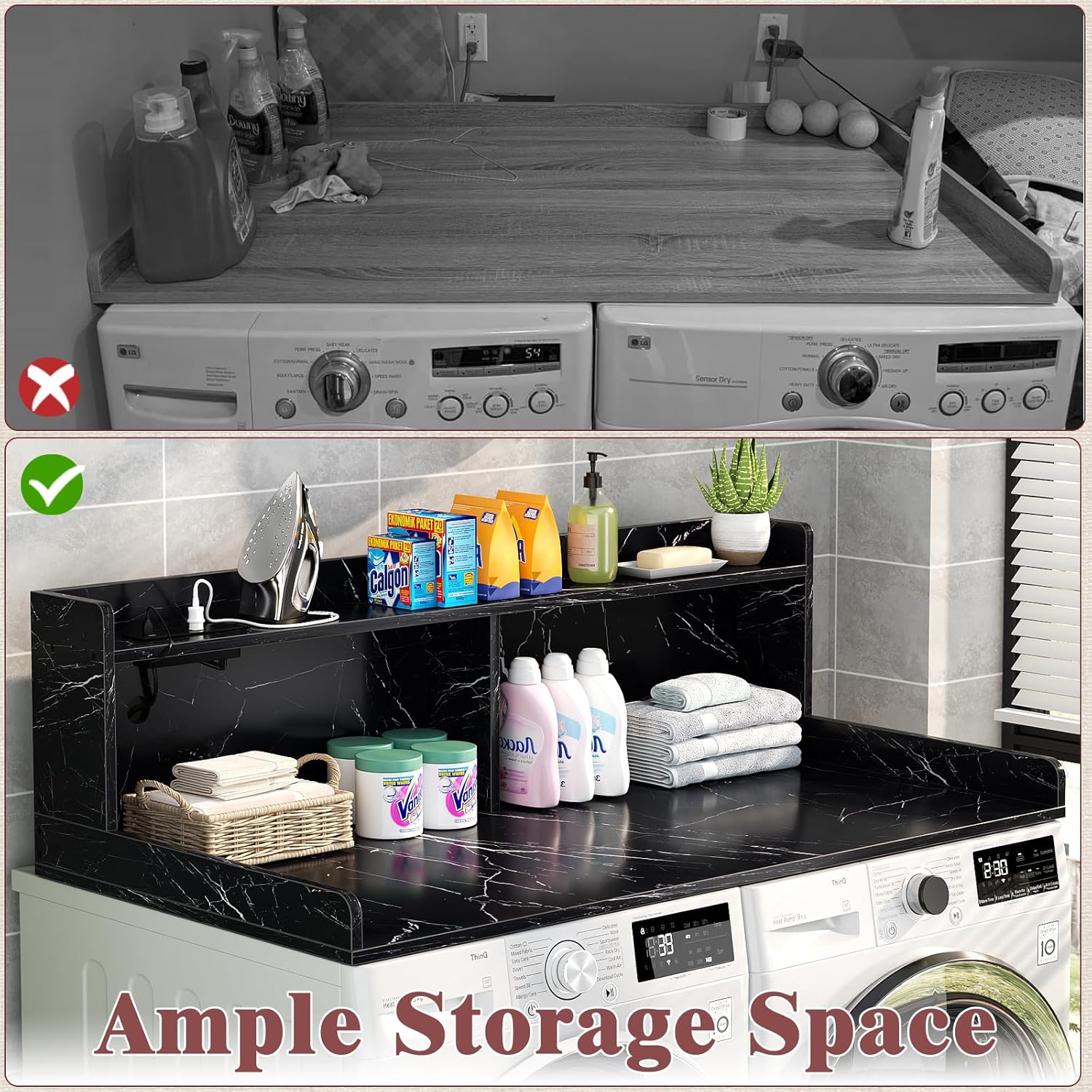 Aheaplus Washer and Dryer Countertop, 2-Tier Laundry Countertop Cover with LED Lights and Power Strip, Large Space Laundry Topper with Shelf for Laundry Room Organization, Black Marble