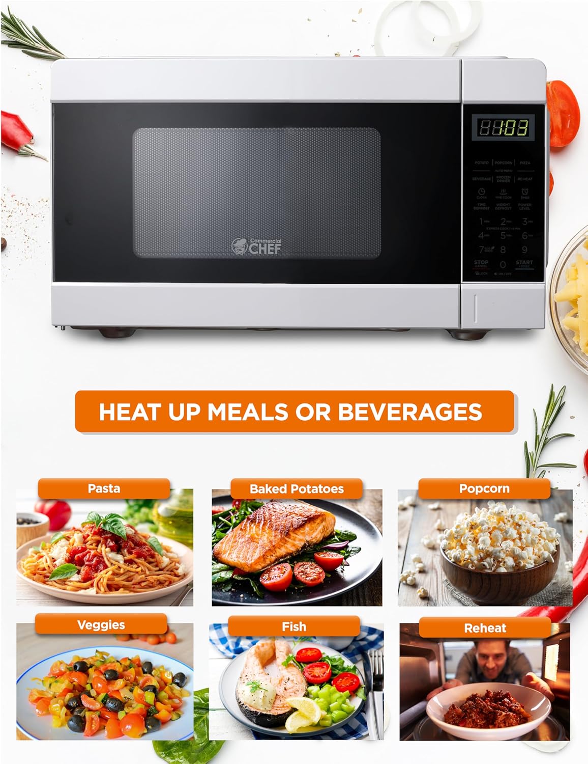 COMMERCIAL CHEF 0.9 Cu Ft Microwave with 10 Power Levels & 1.1 Cu Ft Microwave with 10 Power Levels