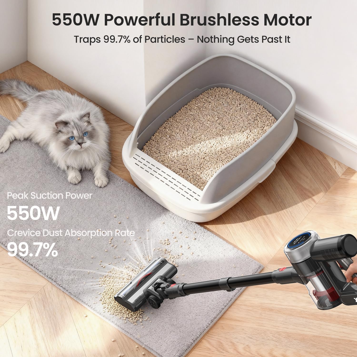 Xlife Cordless Vacuum Cleaner 45KPa 550W for Pet Hair & Multi-Surface Greenlight Reveal Dust 7-Stage HEPA Filter Long Runtime Anti-Tangle Roller Adjustable Stick Lightweight (P2)