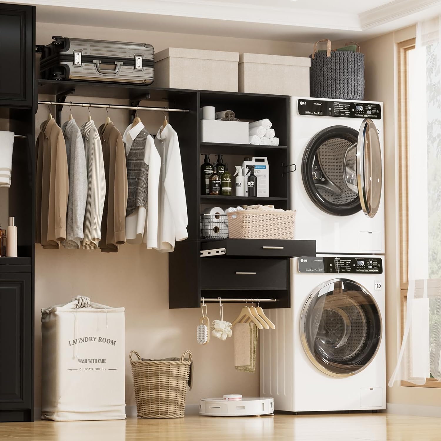 Wood Laundry Room Organizer System with Drawer, Wall Mounted Over Washer and Dryer Storage Shelves with Pull-Out Board & Hang Rods, Space Saver Clothes Drying Rack, Black