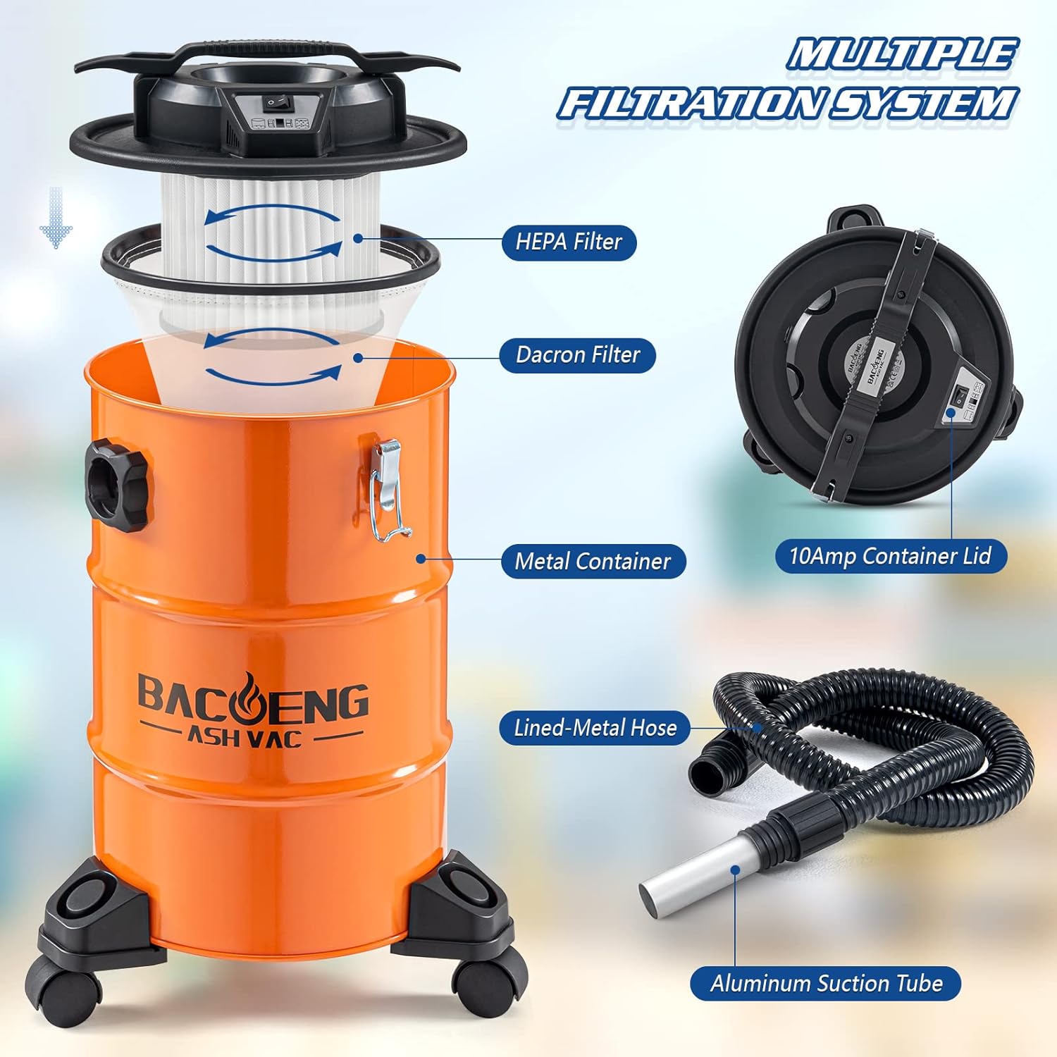 BACOENG 5.3-Gallon Ash Vacuum with Double Stage Filtration System, 10 Amp Ash Vacuum for Pellet Stoves with 1200W Powerful Suction, 5FT Metal Hose and 360° Rotating Wheel