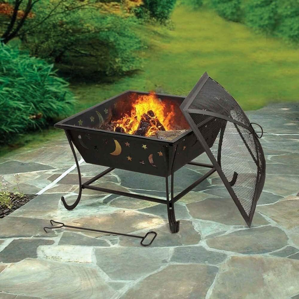 Fire Pits Wood Burning 24 in Outdoor Fire Pit, Bonfire Wood Burning Steel Grill with Square Mesh Spark Screen Cover