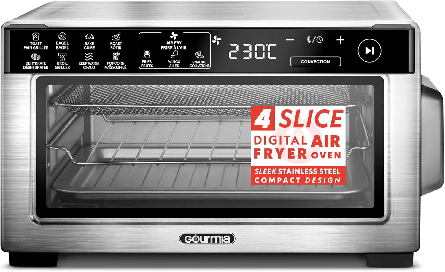 Gourmia Toaster Oven Digital Air Fryer - Convection Mode with 4 Slice Capacity, 3 Rack Positions, 12 Presets, Toast, Bagel, Bake, Roast, Broil, Dehydrate, Popcorn, Fits 9