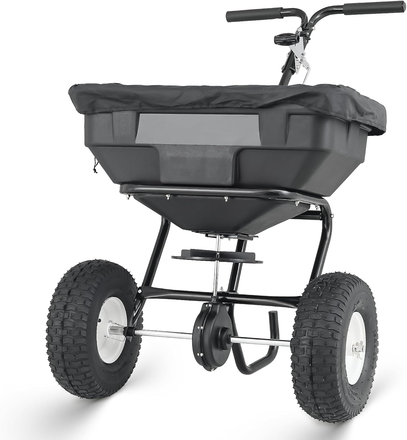 MoNiBloom 125 lb Walk-Behind Push Broadcast Spreader for Fertilizer, Grass Seed, Salt & Ice Melt, Heavy Duty Lawn, Garden & Farm Seeder with Rain Cover, Easy to Use for Yards, Fields & Uneven Terrain
